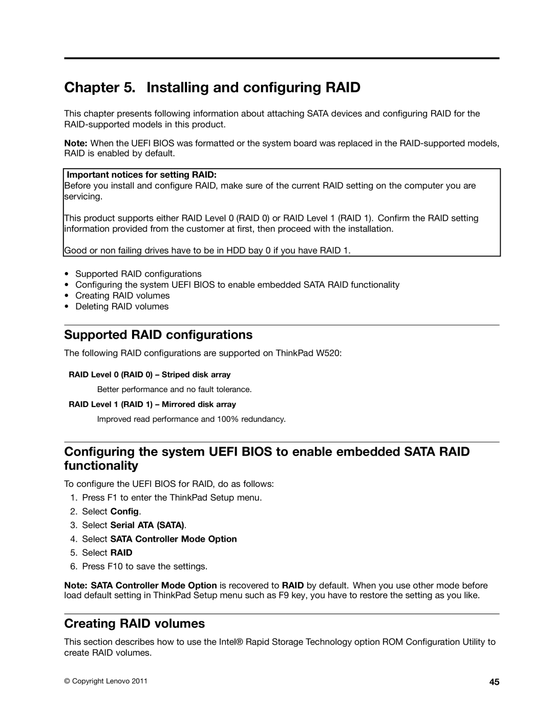 IBM T520I, W520 manual Installing and configuring RAID, Supported RAID configurations, Creating RAID volumes 