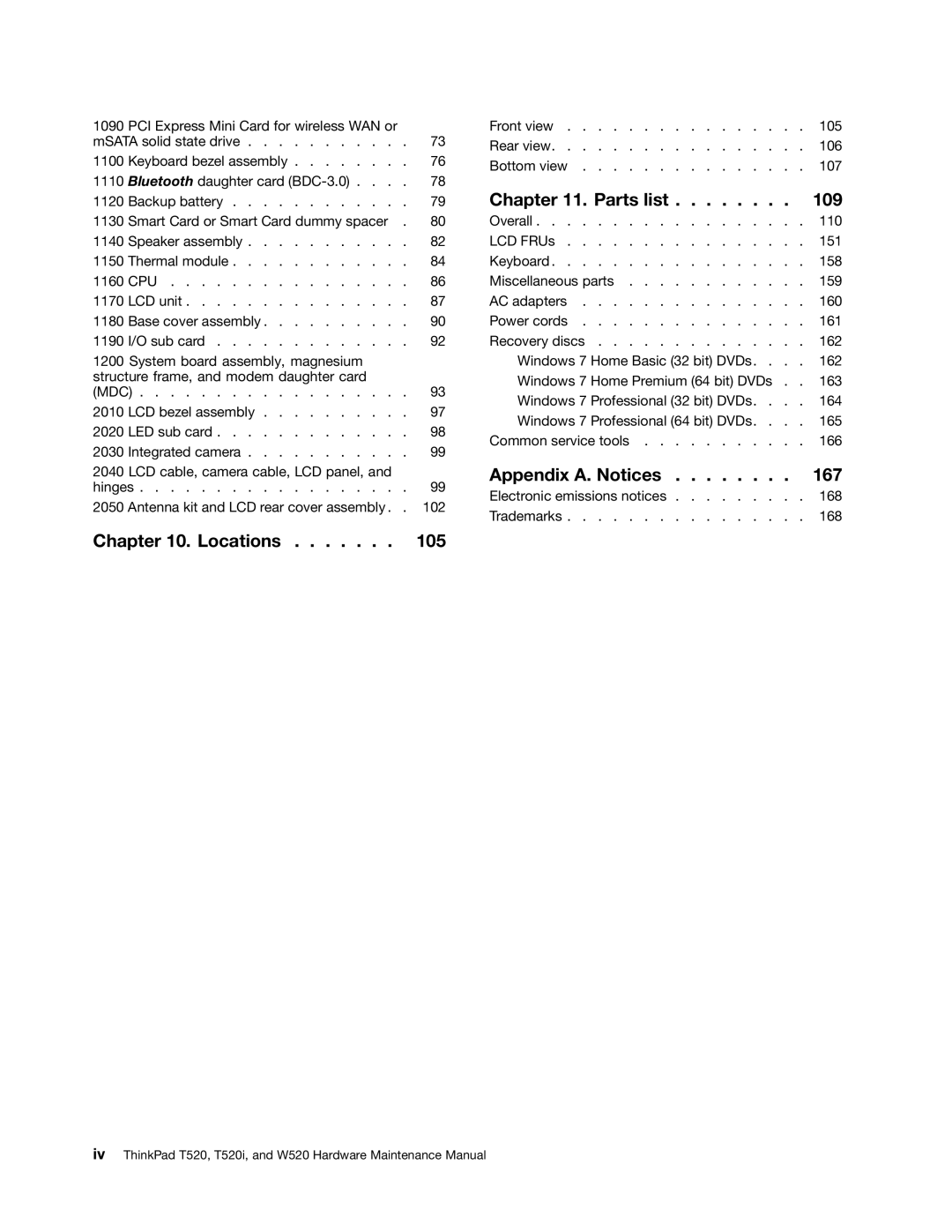 IBM W520, T520I manual Locations 