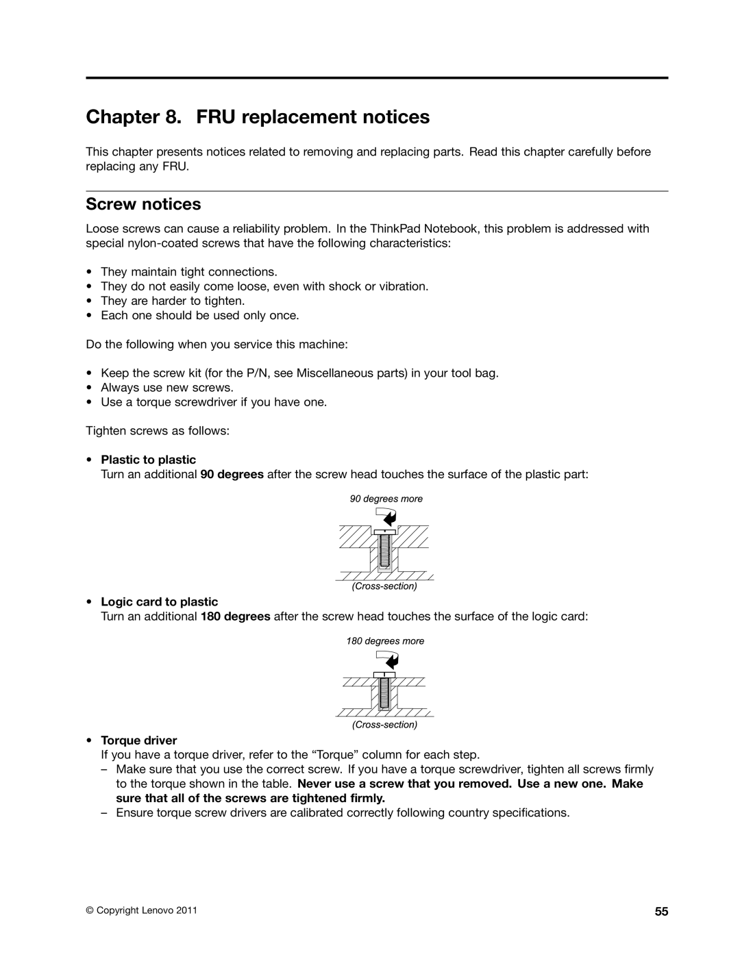 IBM T520I, W520 manual FRU replacement notices, Screw notices 