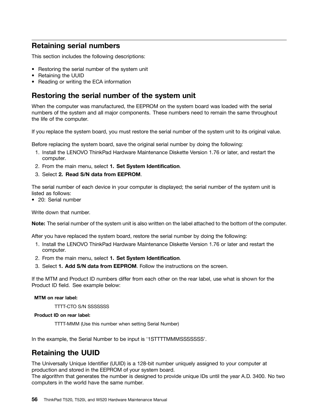 IBM W520 Retaining serial numbers, Restoring the serial number of the system unit, Retaining the Uuid, MTM on rear label 