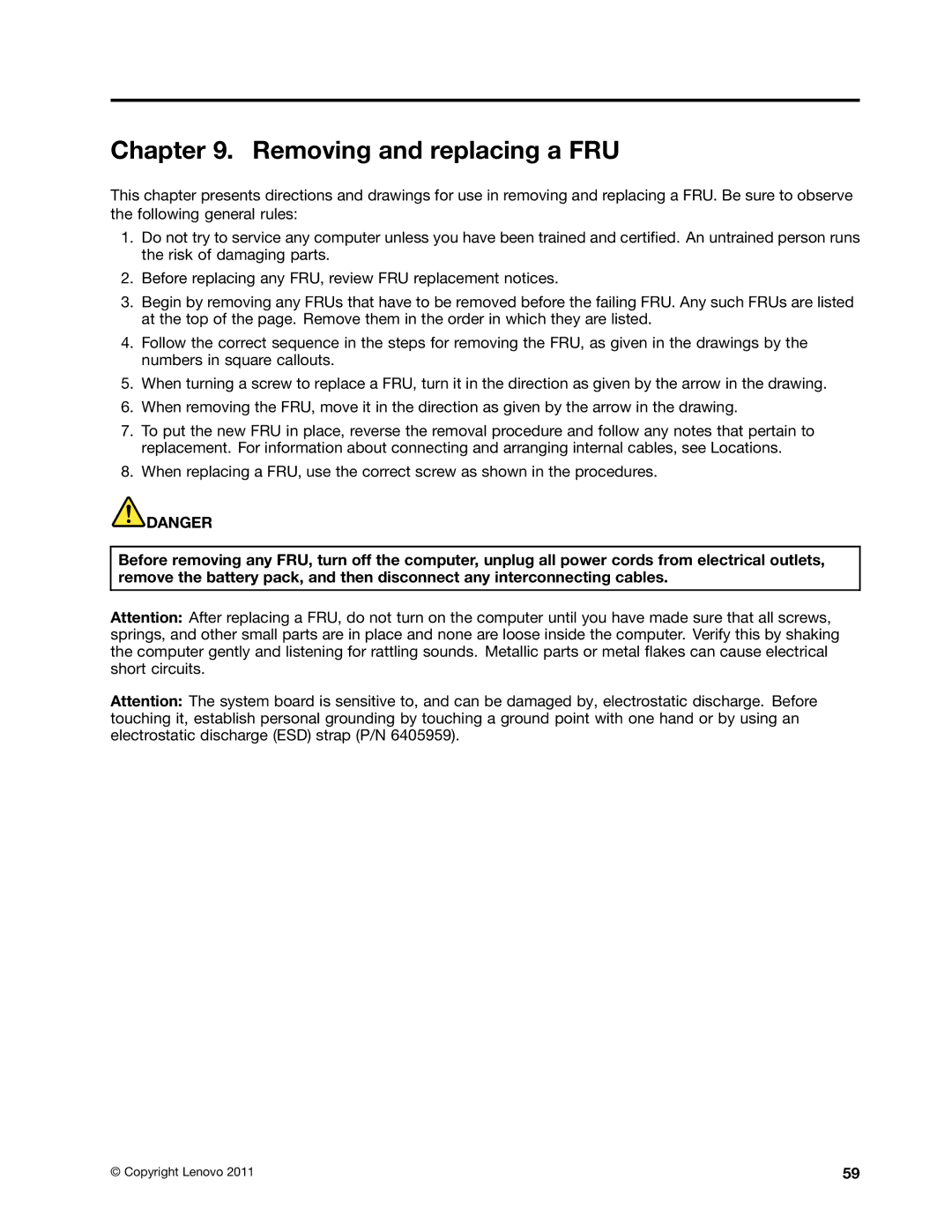 IBM T520I, W520 manual Removing and replacing a FRU 