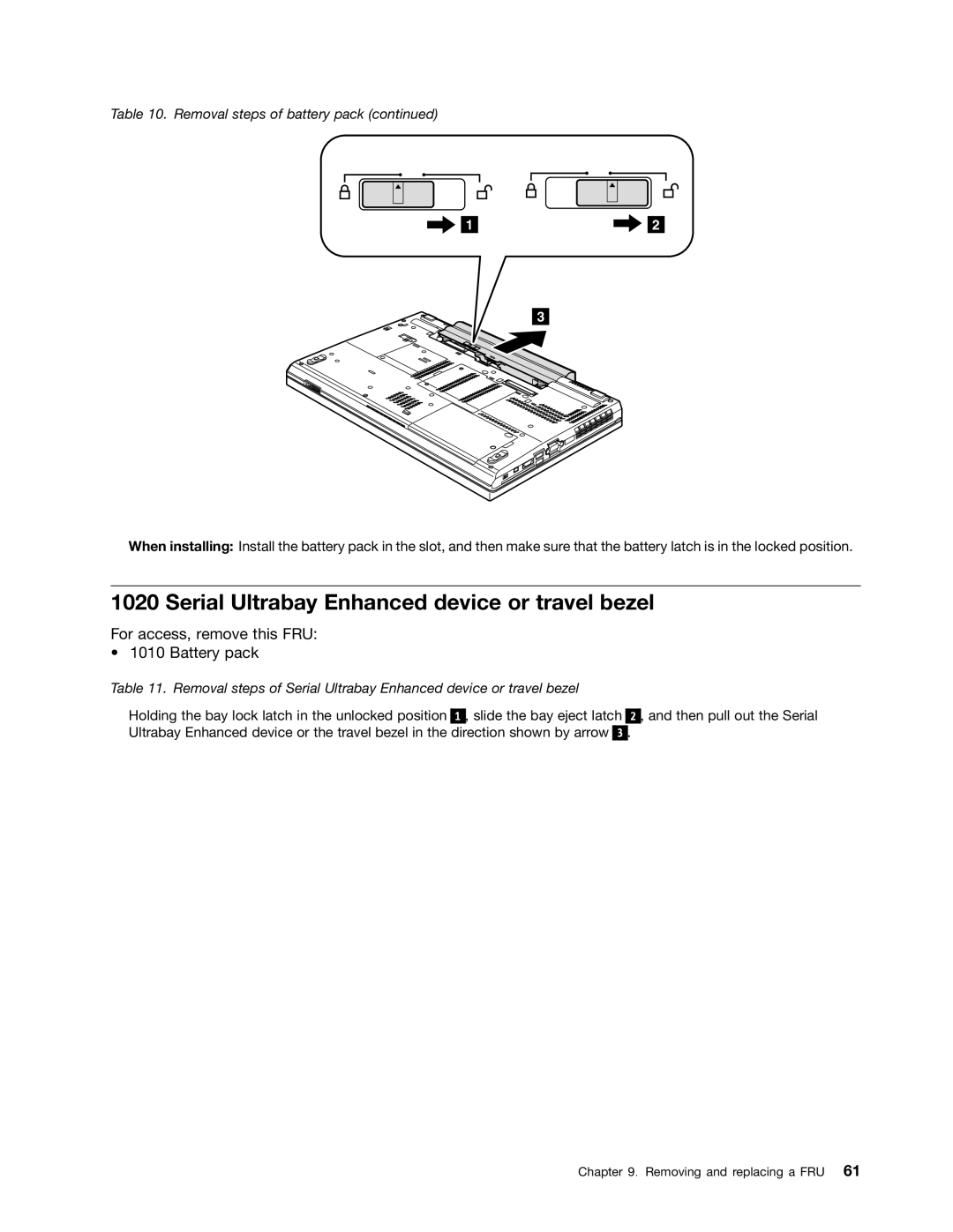 IBM T520I, W520 manual Serial Ultrabay Enhanced device or travel bezel, For access, remove this FRU Battery pack 