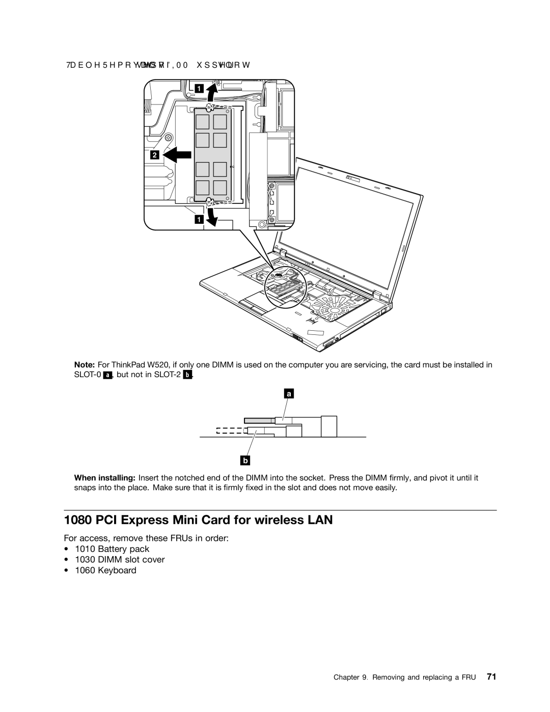 IBM T520I, W520 manual PCI Express Mini Card for wireless LAN, Removal steps of Dimm upper slot 