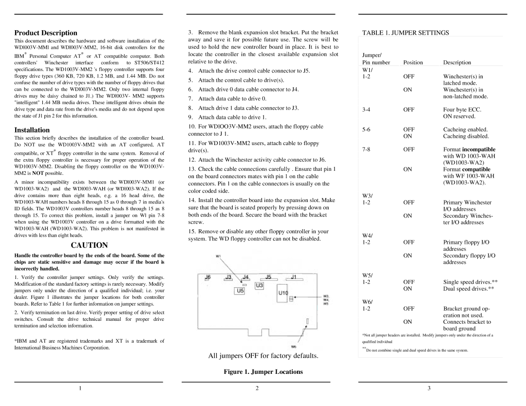 IBM WD1003V-MM2, WD1003V-MM1 Product Description, Installation, All jumpers OFF for factory defaults, Jumper Settings 