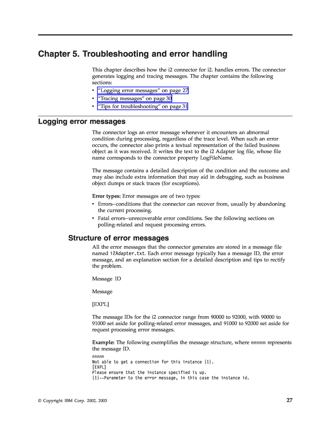 IBM WebSphere Business Integration Adapter manual Troubleshooting and error handling, Logging error messages 