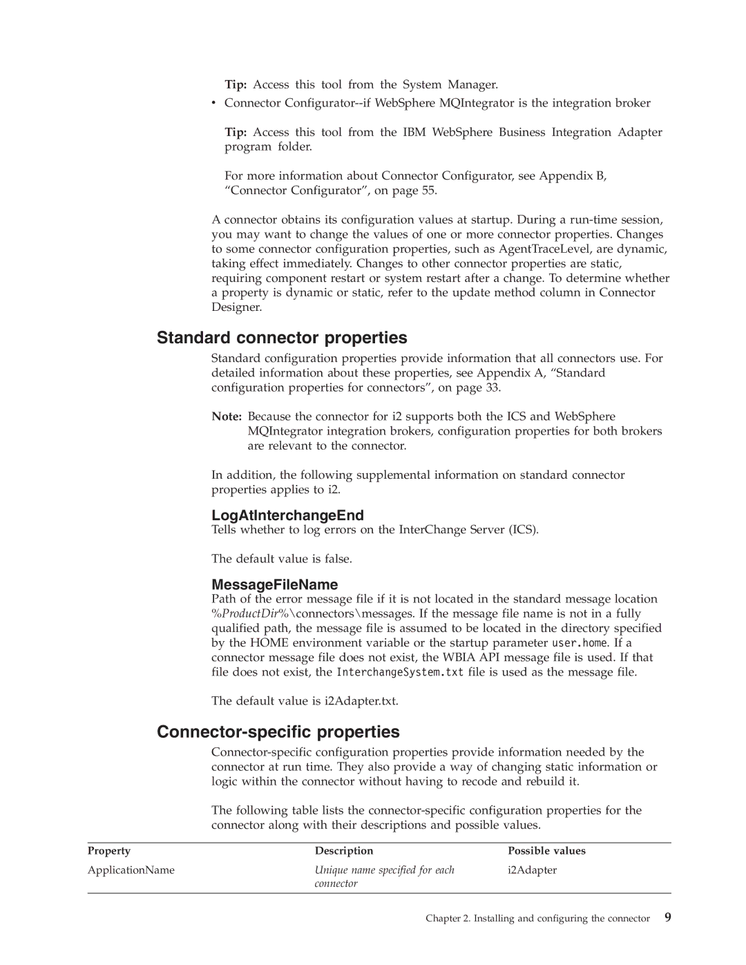 IBM WebSphere Business Integration Adapter Standard connector properties, Connector-specific properties, MessageFileName 