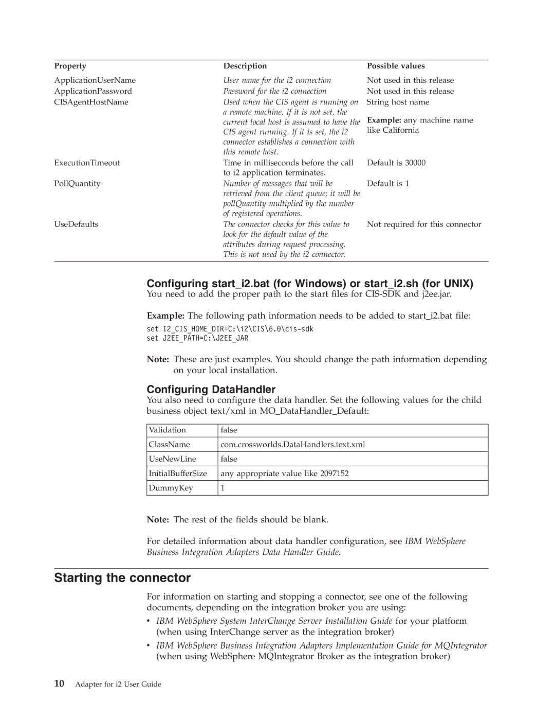 IBM WebSphere Business Integration Adapter manual Starting the connector, Configuring DataHandler, Property Description 