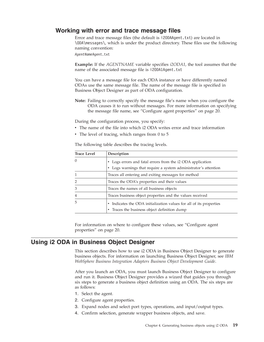 IBM WebSphere Business Integration Adapter manual Working with error and trace message files, Trace Level Description 