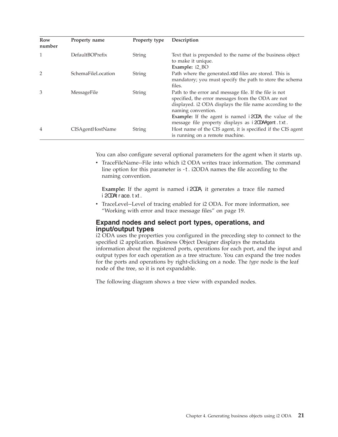 IBM WebSphere Business Integration Adapter manual Row Property name Property type Description Number, Example i2BO 