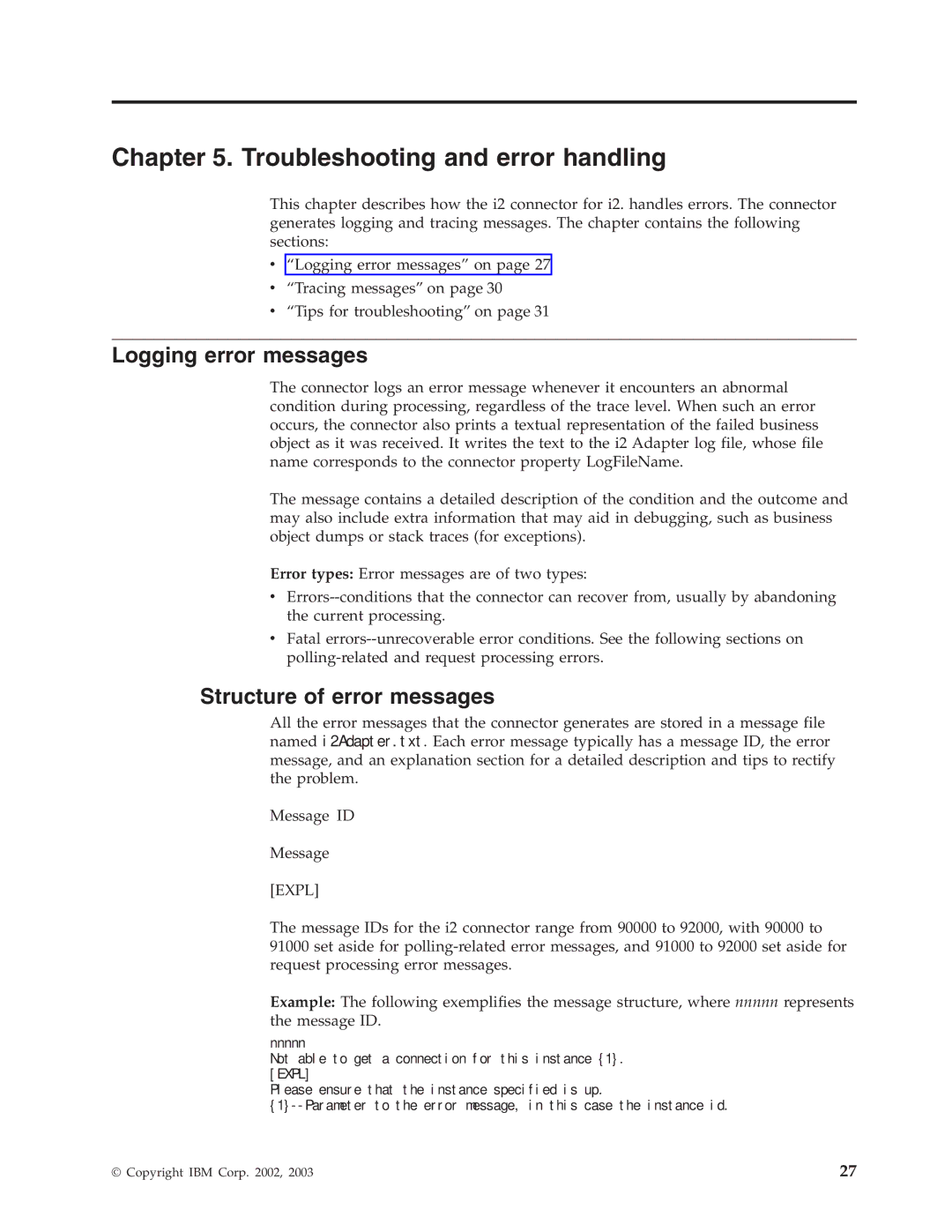 IBM WebSphere Business Integration Adapter manual Troubleshooting and error handling, Logging error messages 