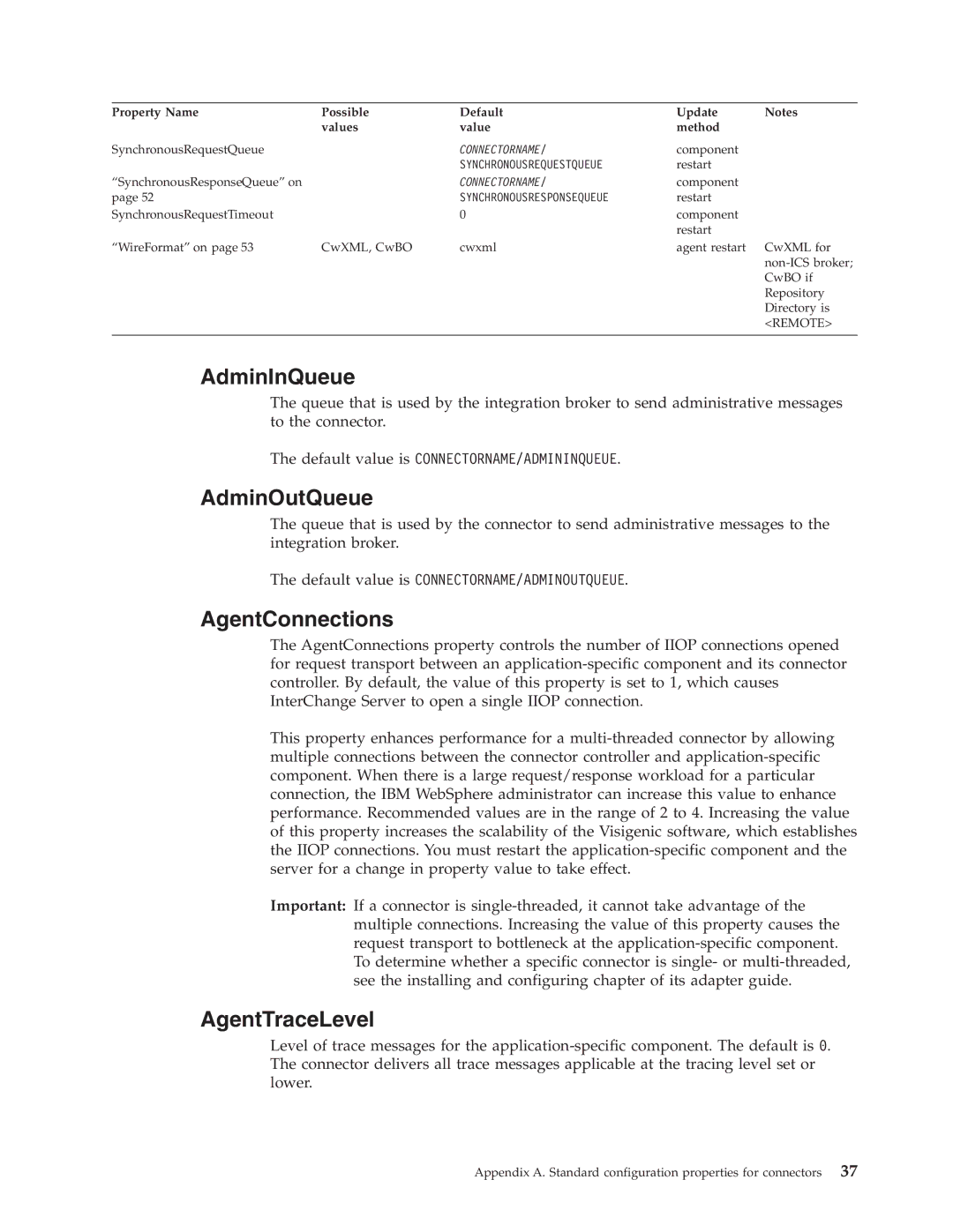 IBM WebSphere Business Integration Adapter manual AdminInQueue, AdminOutQueue, AgentConnections, AgentTraceLevel 