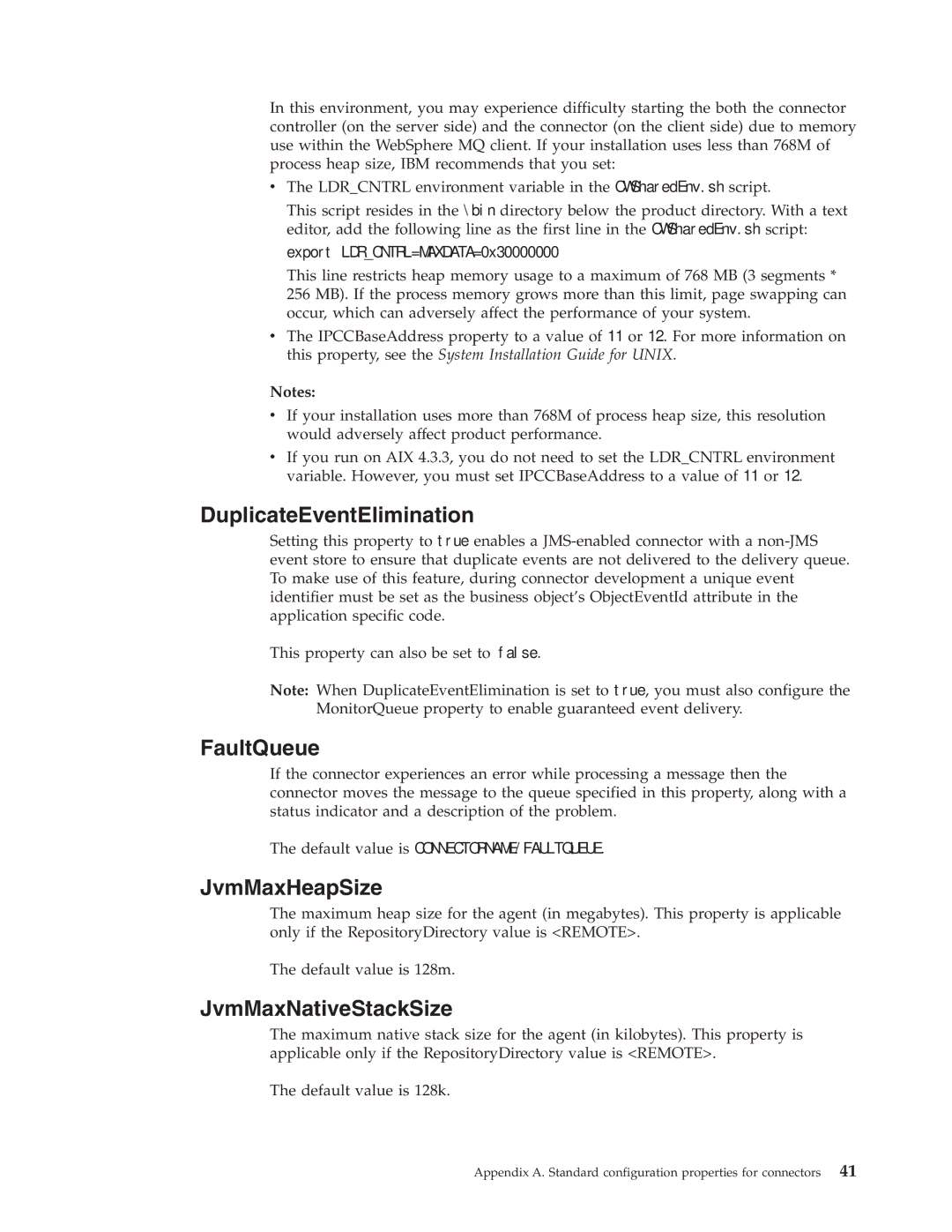 IBM WebSphere Business Integration Adapter DuplicateEventElimination, FaultQueue, JvmMaxHeapSize, JvmMaxNativeStackSize 