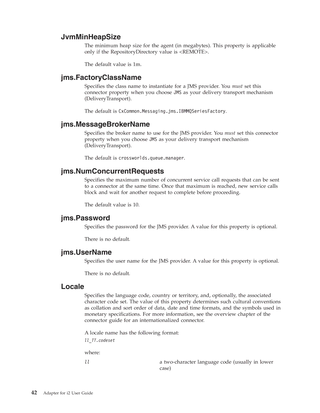 IBM WebSphere Business Integration Adapter manual JvmMinHeapSize, Jms.FactoryClassName, Jms.MessageBrokerName, Jms.Password 