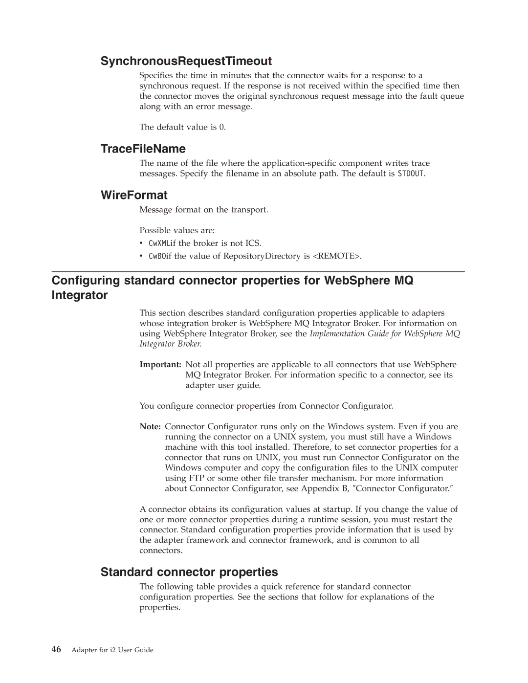 IBM WebSphere Business Integration Adapter manual SynchronousRequestTimeout, TraceFileName, WireFormat 