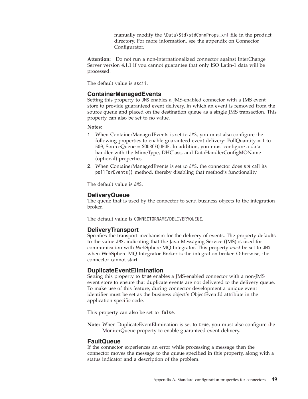 IBM WebSphere Business Integration Adapter manual ContainerManagedEvents, DeliveryQueue, DeliveryTransport, FaultQueue 
