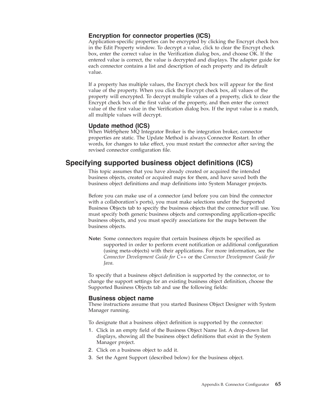 IBM WebSphere Business Integration Adapter manual Specifying supported business object definitions ICS, Update method ICS 