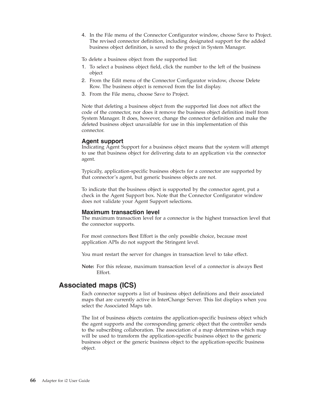 IBM WebSphere Business Integration Adapter manual Associated maps ICS, Agent support, Maximum transaction level 