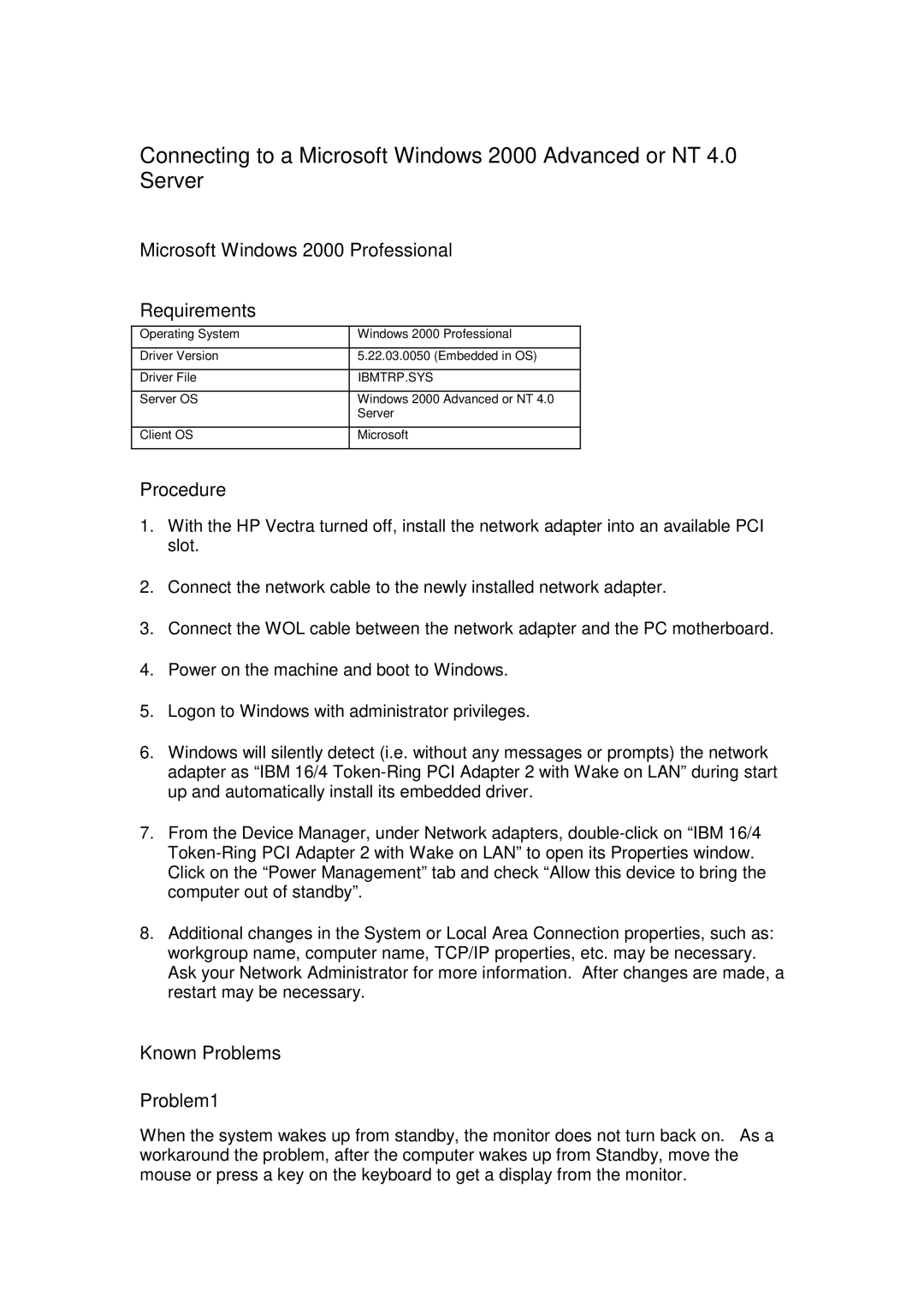 IBM WL2 Connecting to a Microsoft Windows 2000 Advanced or NT 4.0 Server, Microsoft Windows 2000 Professional Requirements 