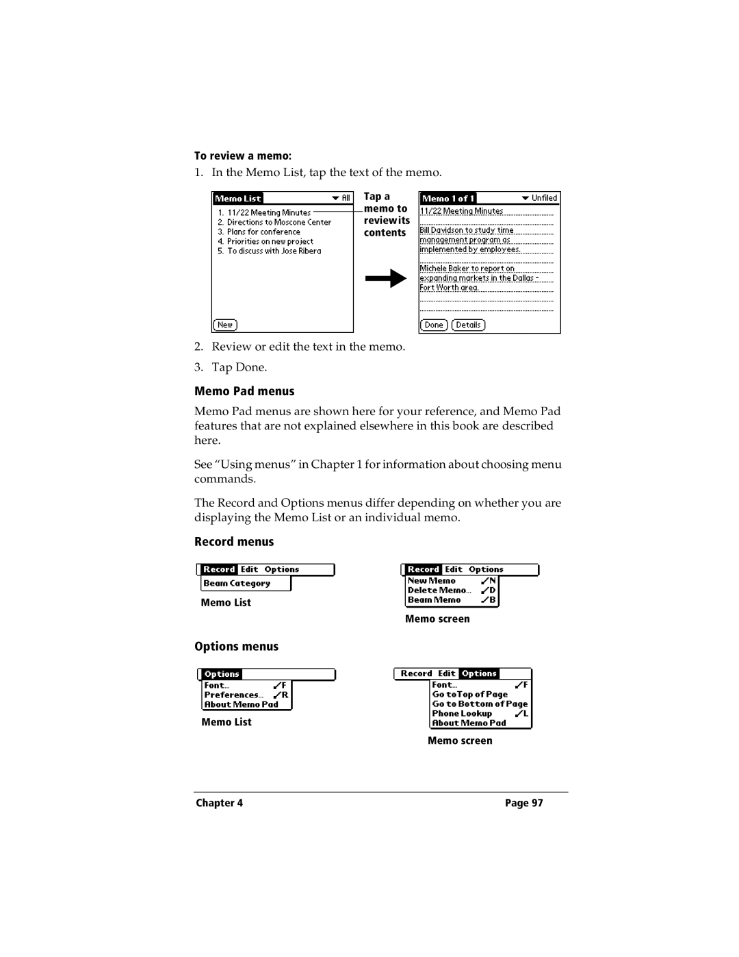 IBM WORKPADC3 manual Memo Pad menus, Record menus 