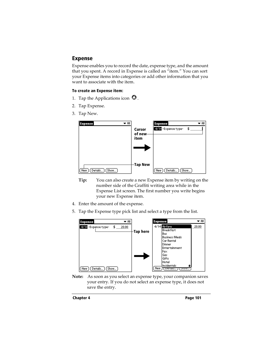 IBM WORKPADC3 manual Tap the Applications icon Tap Expense Tap New 