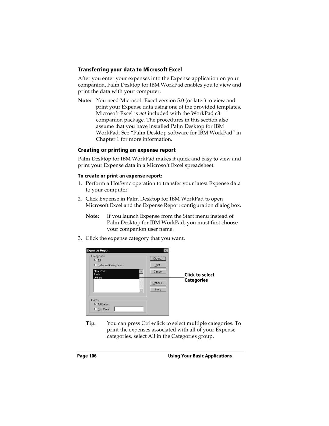 IBM WORKPADC3 manual Transferring your data to Microsoft Excel, Creating or printing an expense report 