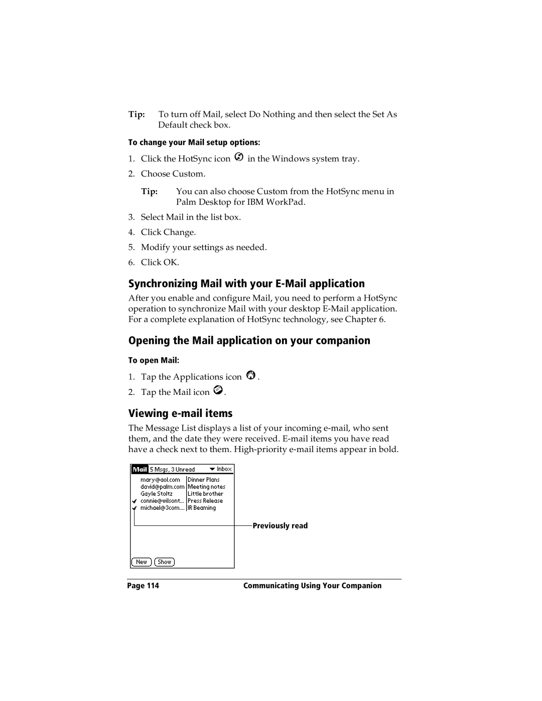 IBM WORKPADC3 manual Synchronizing Mail with your E-Mail application, Opening the Mail application on your companion 