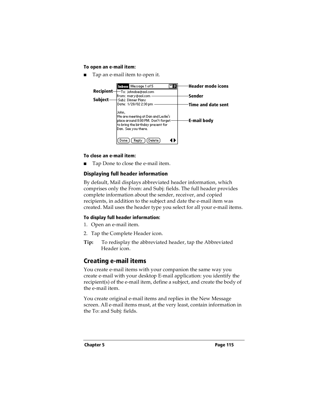 IBM WORKPADC3 manual Creating e-mail items, Displaying full header information 