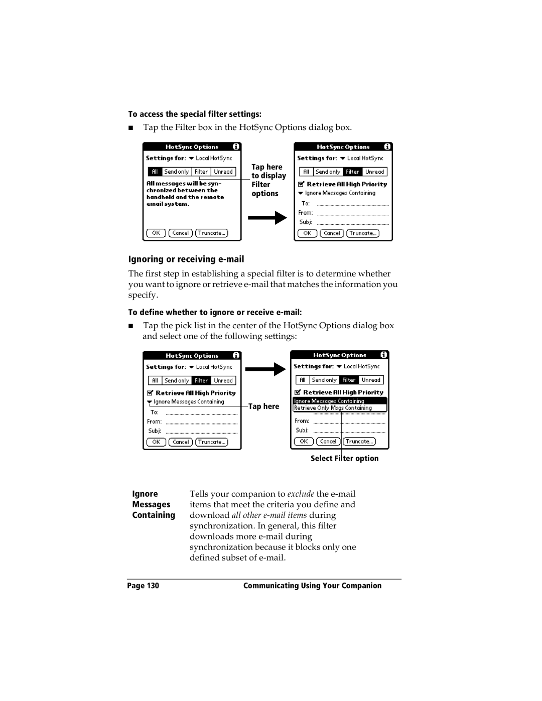 IBM WORKPADC3 manual Ignoring or receiving e-mail, Ignore, Messages, Containing 