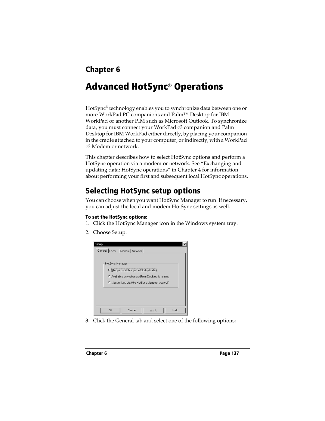 IBM WORKPADC3 manual Advanced HotSync Operations, Selecting HotSync setup options 