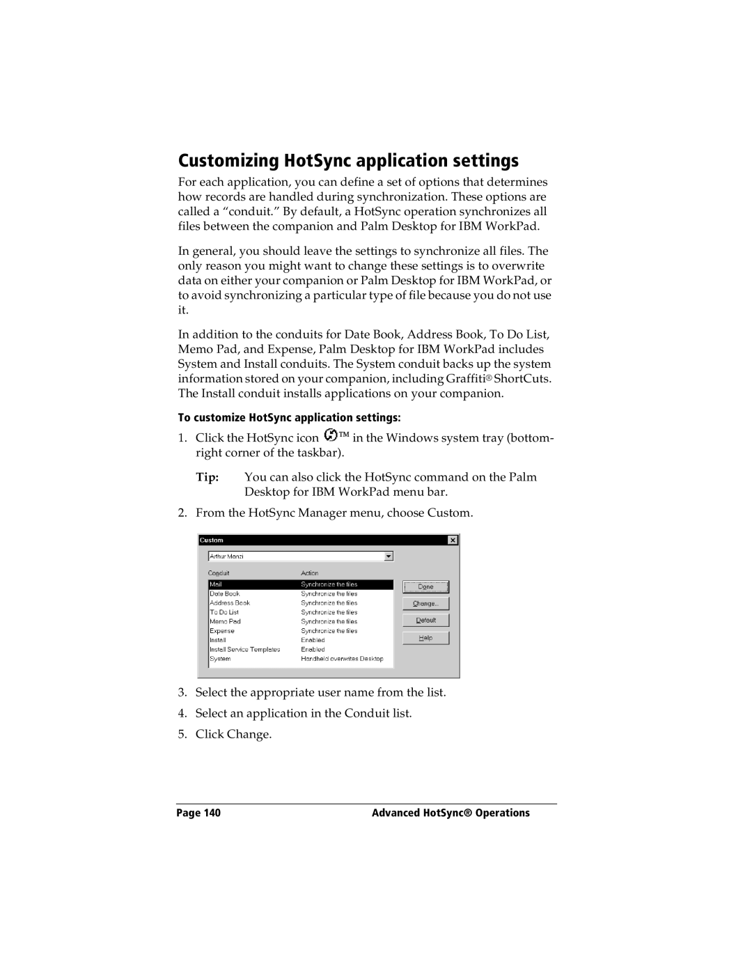 IBM WORKPADC3 manual Customizing HotSync application settings 