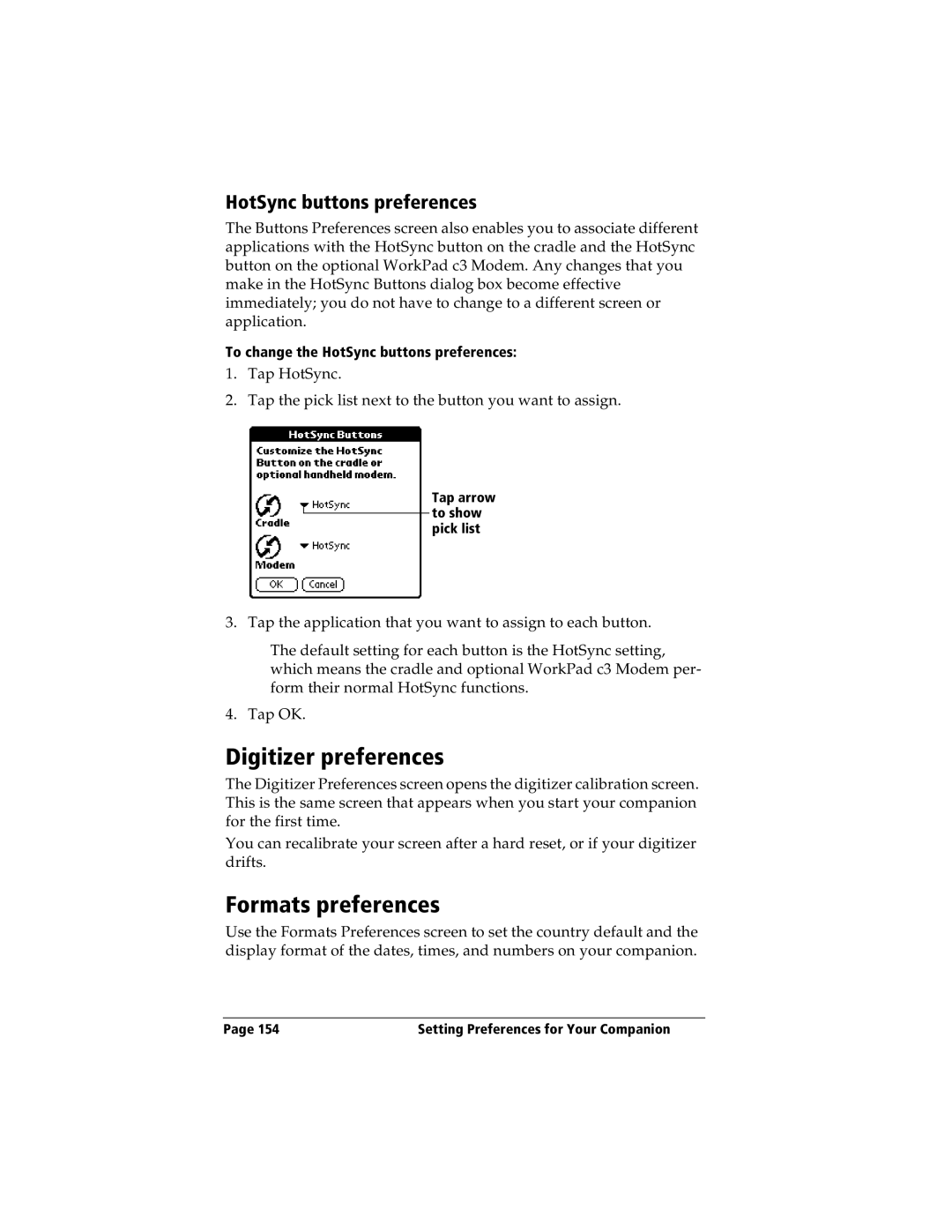 IBM WORKPADC3 manual Digitizer preferences, Formats preferences, HotSync buttons preferences 