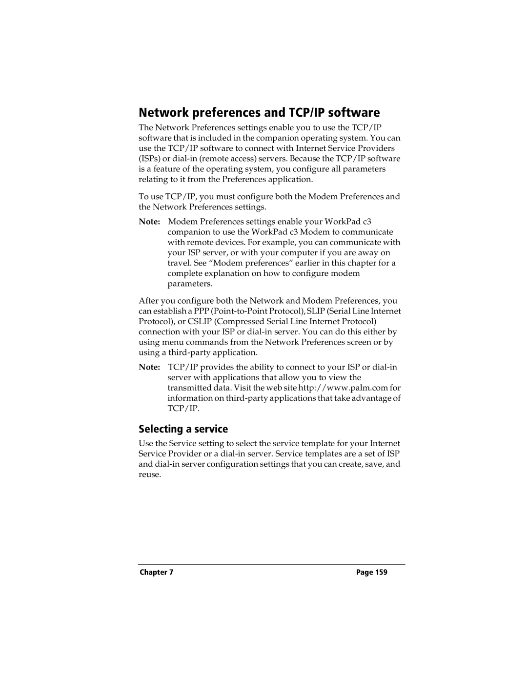 IBM WORKPADC3 manual Network preferences and TCP/IP software, Selecting a service 