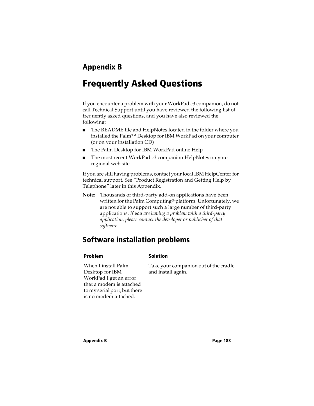 IBM WORKPADC3 manual Appendix B, Software installation problems, Problem, Solution 