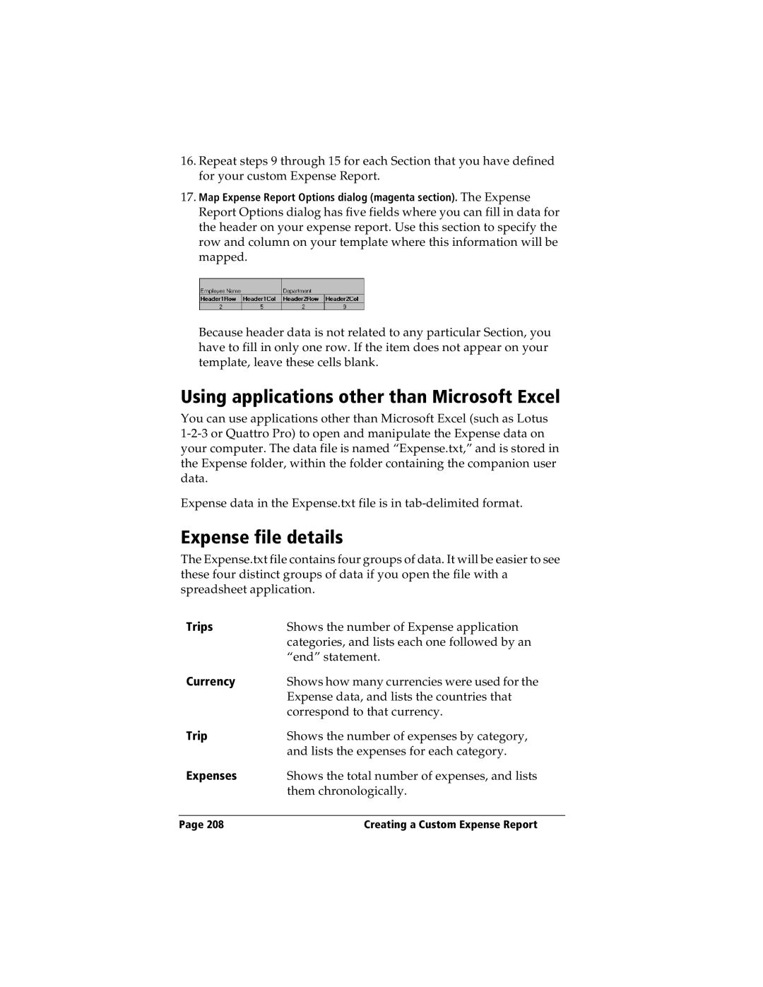 IBM WORKPADC3 manual Using applications other than Microsoft Excel, Expense file details, Trips, Expenses 