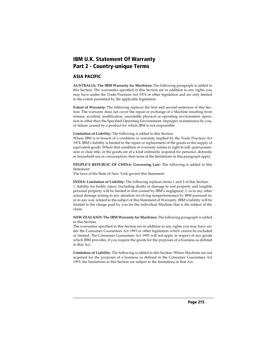 IBM WORKPADC3 manual IBM U.K. Statement Of Warranty Part 2 Country-unique Terms, Asia Pacific 