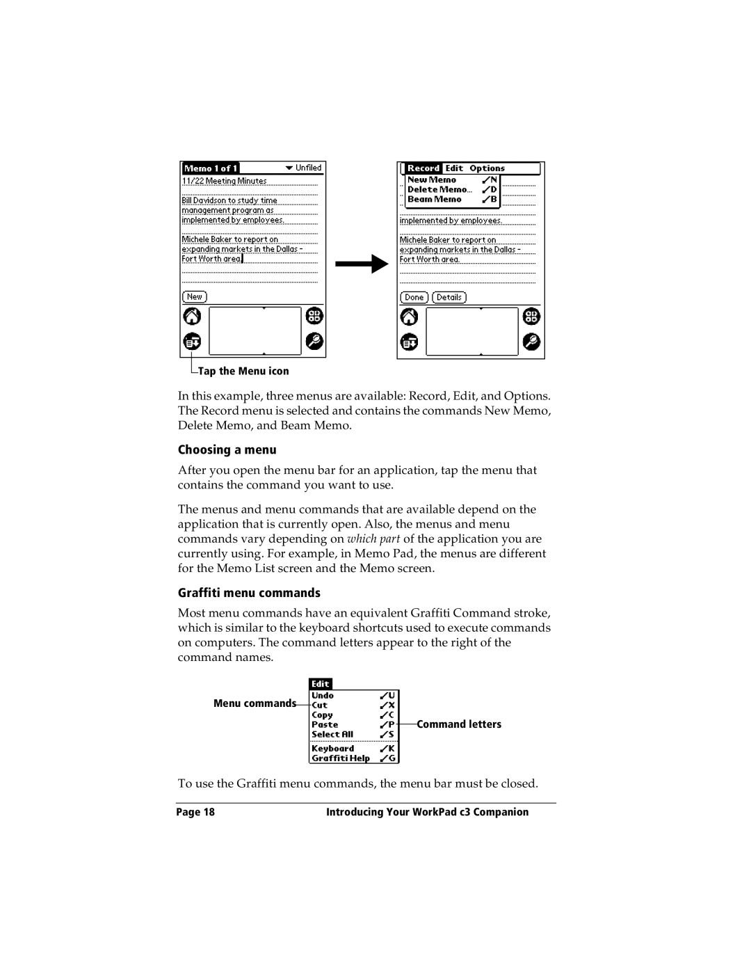 IBM WORKPADC3 manual Choosing a menu, Graffiti menu commands 