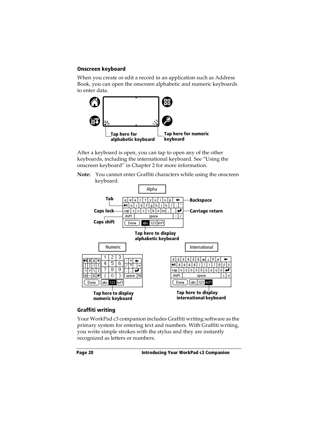 IBM WORKPADC3 manual Onscreen keyboard, Graffiti writing 