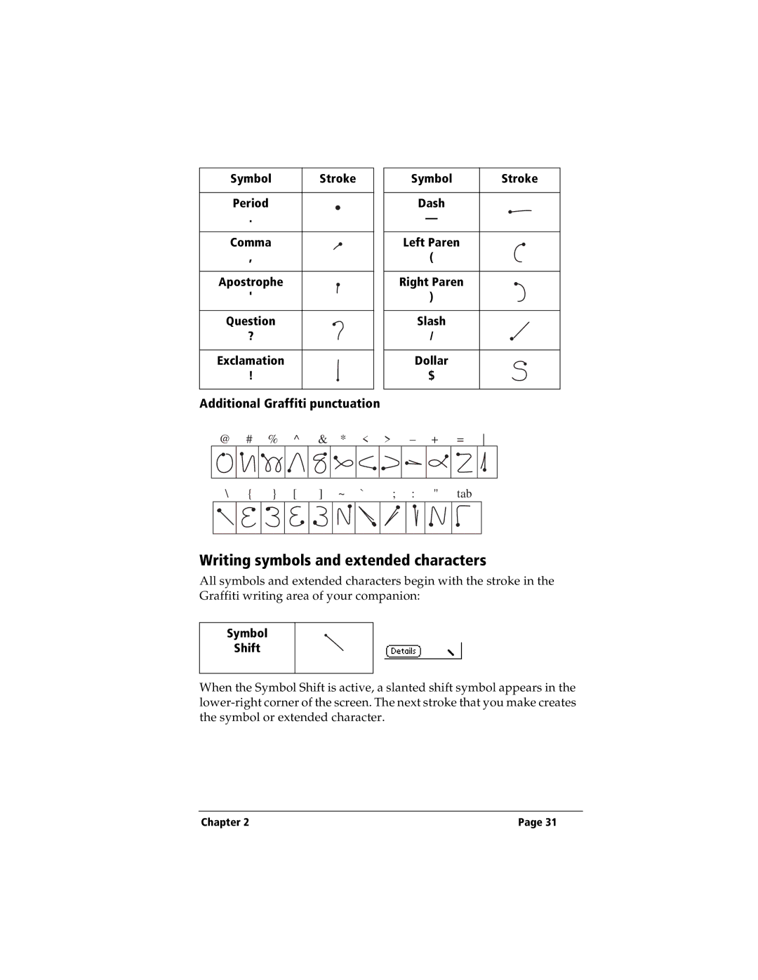 IBM WORKPADC3 manual Writing symbols and extended characters, Additional Graffiti punctuation 