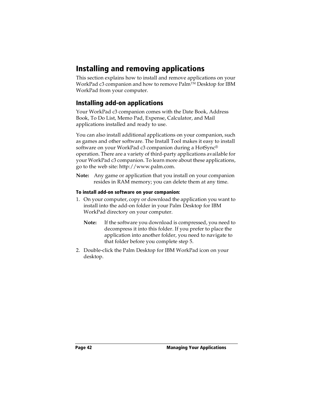 IBM WORKPADC3 manual Installing and removing applications, Installing add-on applications 