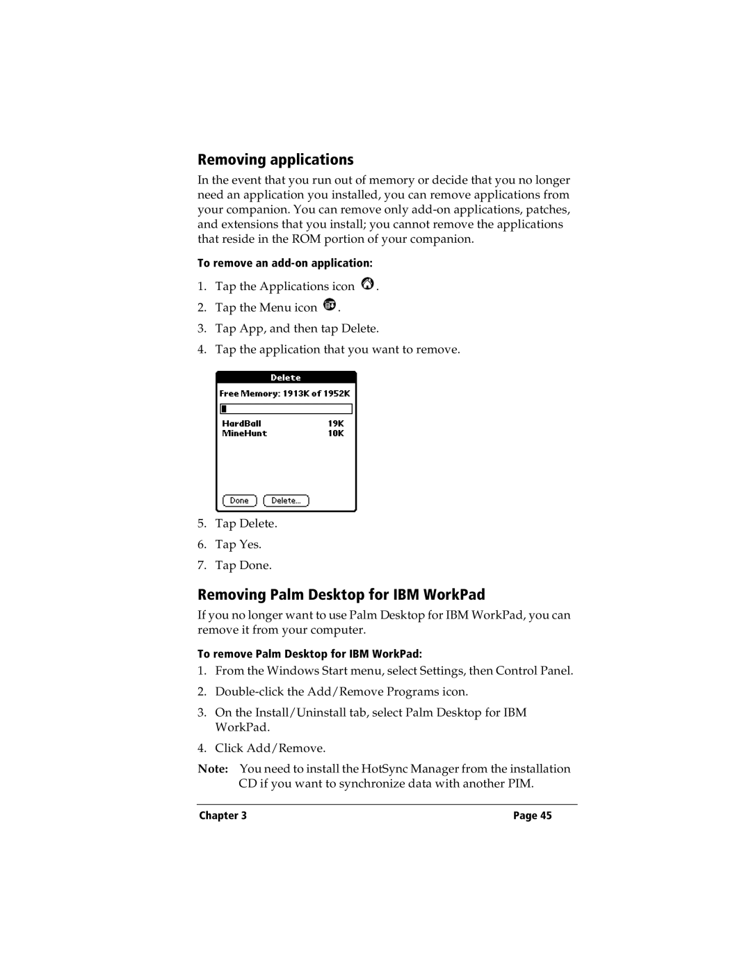 IBM WORKPADC3 manual Removing applications, Removing Palm Desktop for IBM WorkPad 