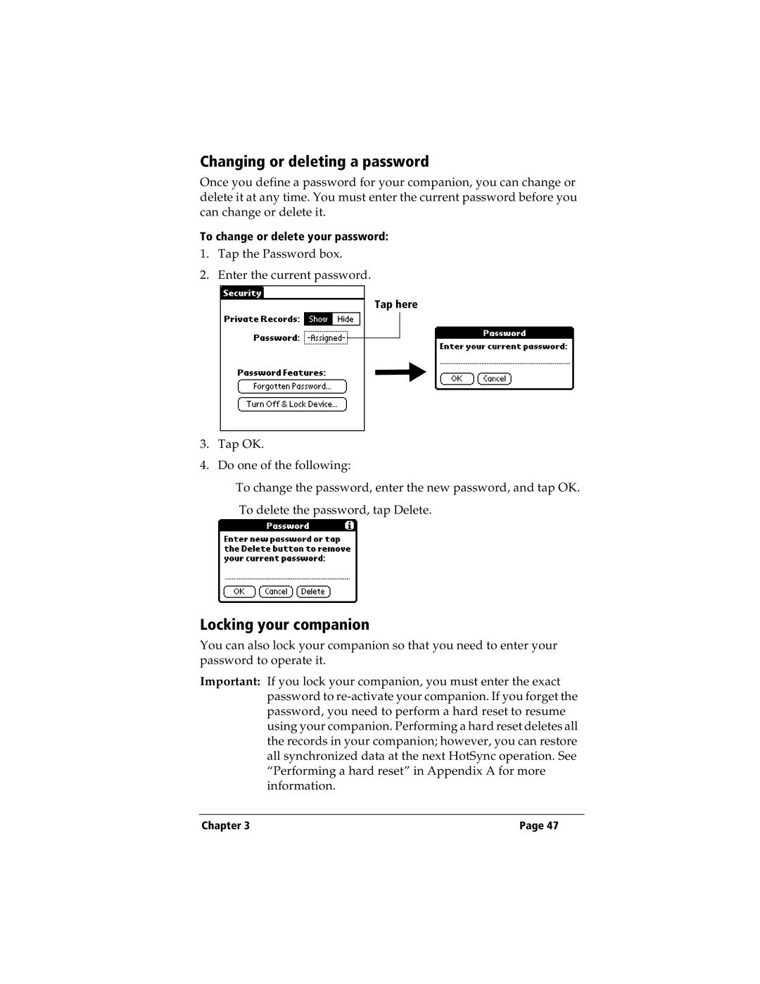 IBM WORKPADC3 manual Changing or deleting a password, Locking your companion 