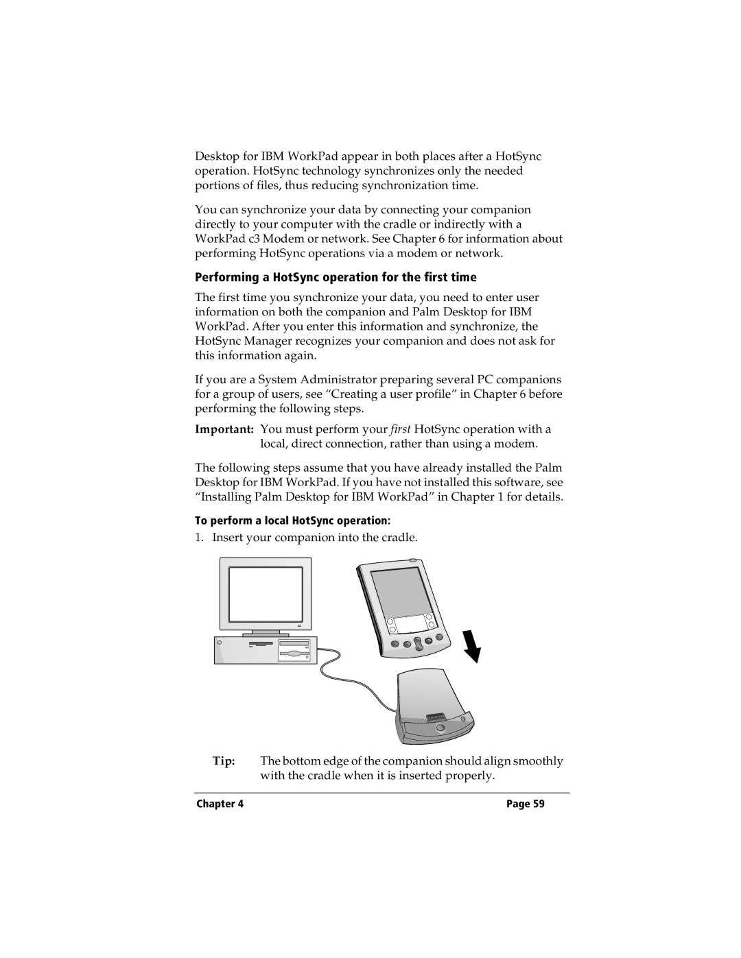 IBM WORKPADC3 manual Performing a HotSync operation for the first time 