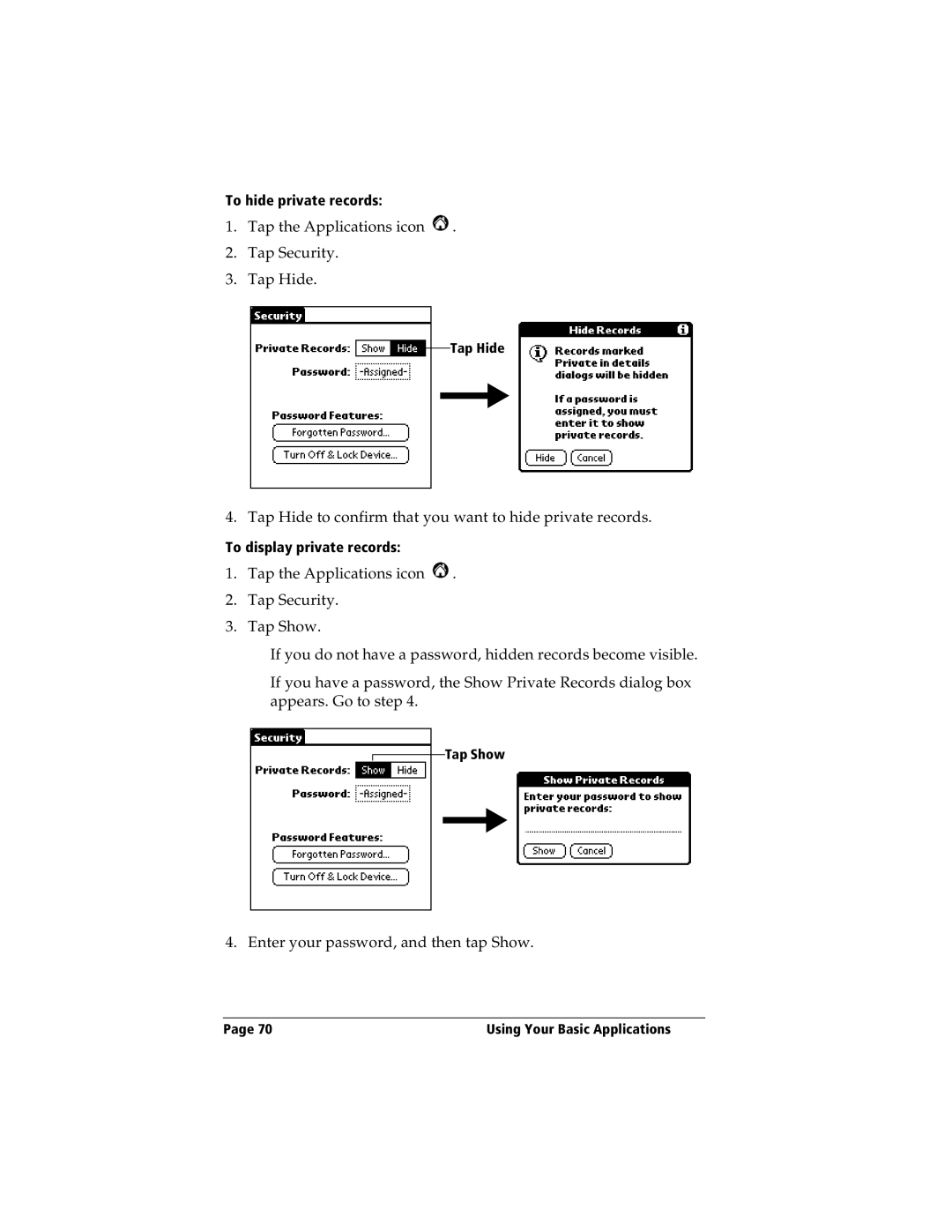 IBM WORKPADC3 manual Tap the Applications icon Tap Security Tap Hide 