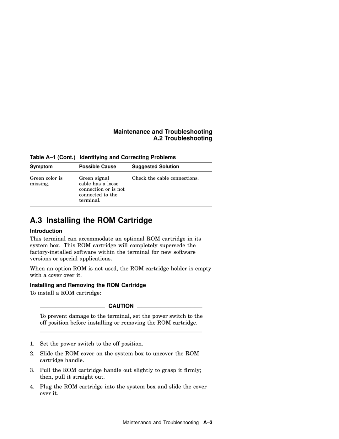 IBM WS525 manual Installing the ROM Cartridge, Table A-1 Cont. Identifying and Correcting Problems, Introduction 