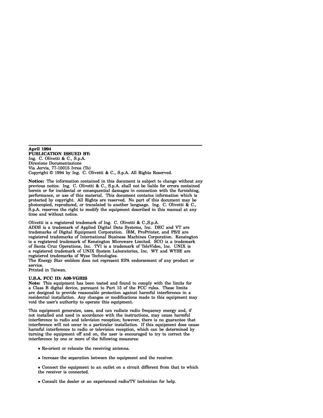 IBM WS525 manual April PUBLICATION ISSUED BY, U.S.A. FCC ID A09-VGB25 