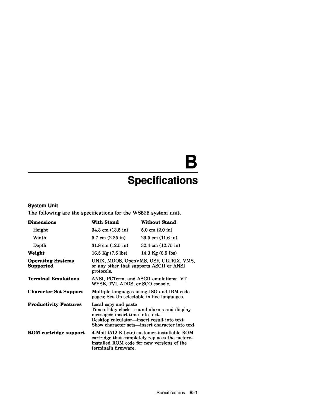 IBM WS525 manual Speciﬁcations, System Unit 