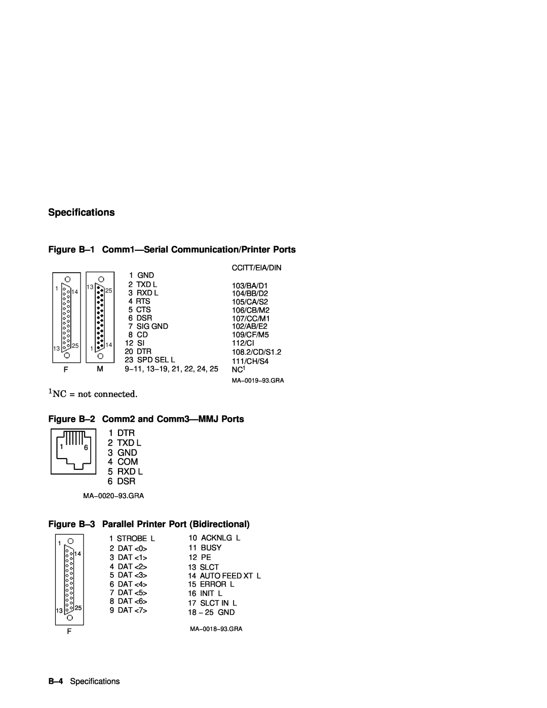 IBM WS525 manual Figure B-1 Comm1-Serial Communication/Printer Ports, Figure B-2 Comm2 and Comm3-MMJ Ports, Speciﬁcations 