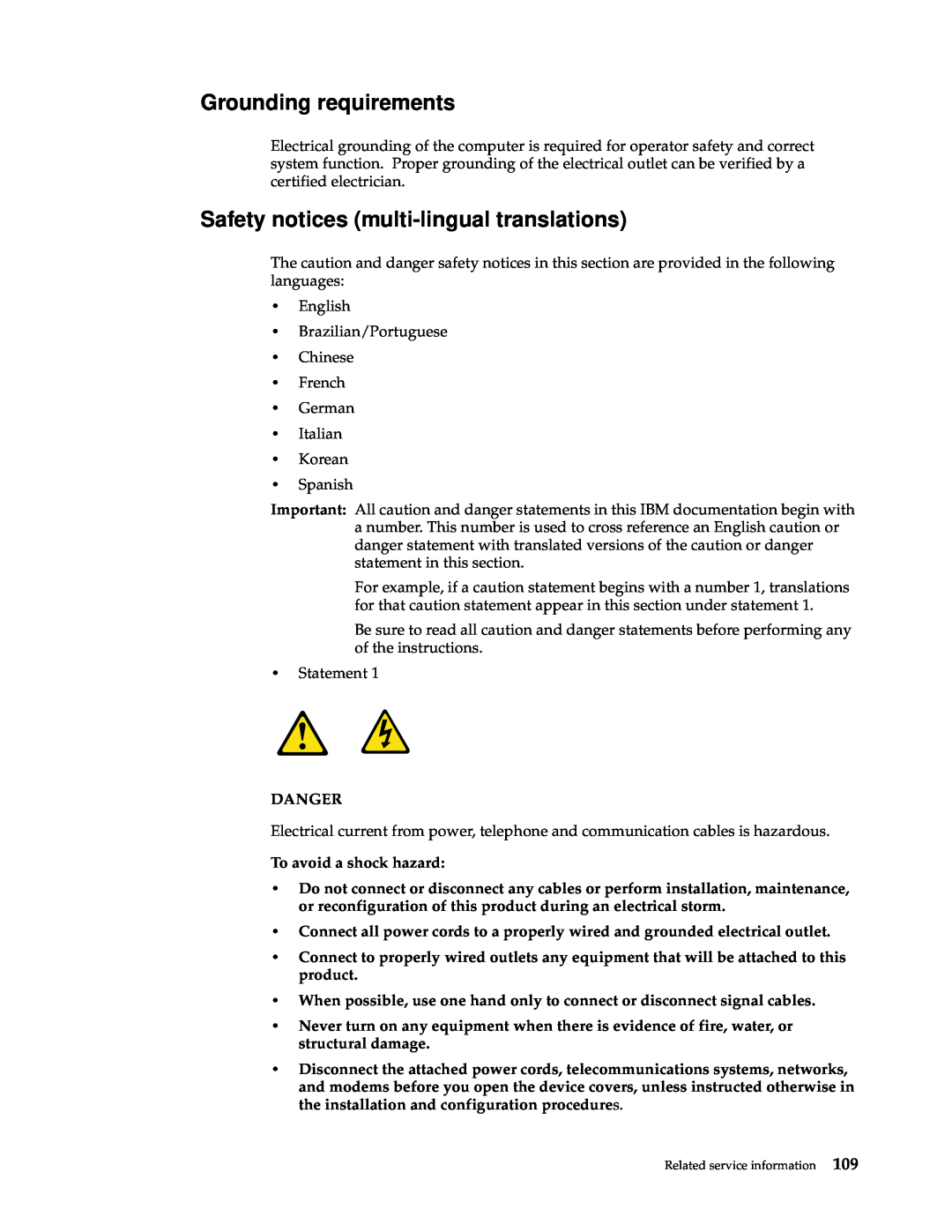 IBM x Series 200 manual Grounding requirements, Safety notices multi-lingual translations 