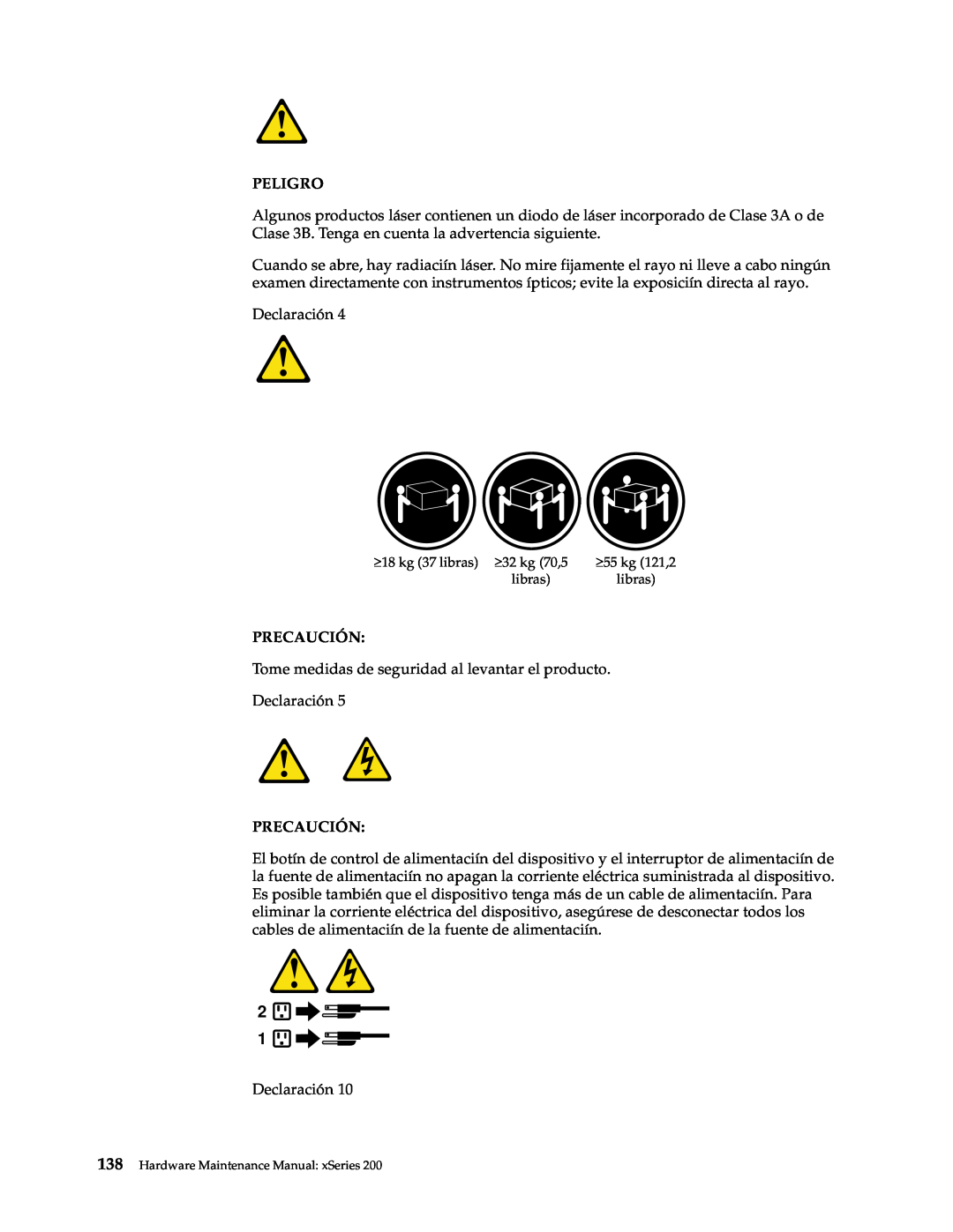 IBM x Series 200 manual Peligro, Precaución, ≥ 55 kg 121,2, Hardware Maintenance Manual xSeries 