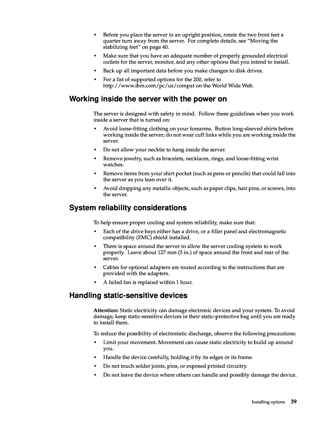 IBM x Series 200 manual Working inside the server with the power on, System reliability considerations 